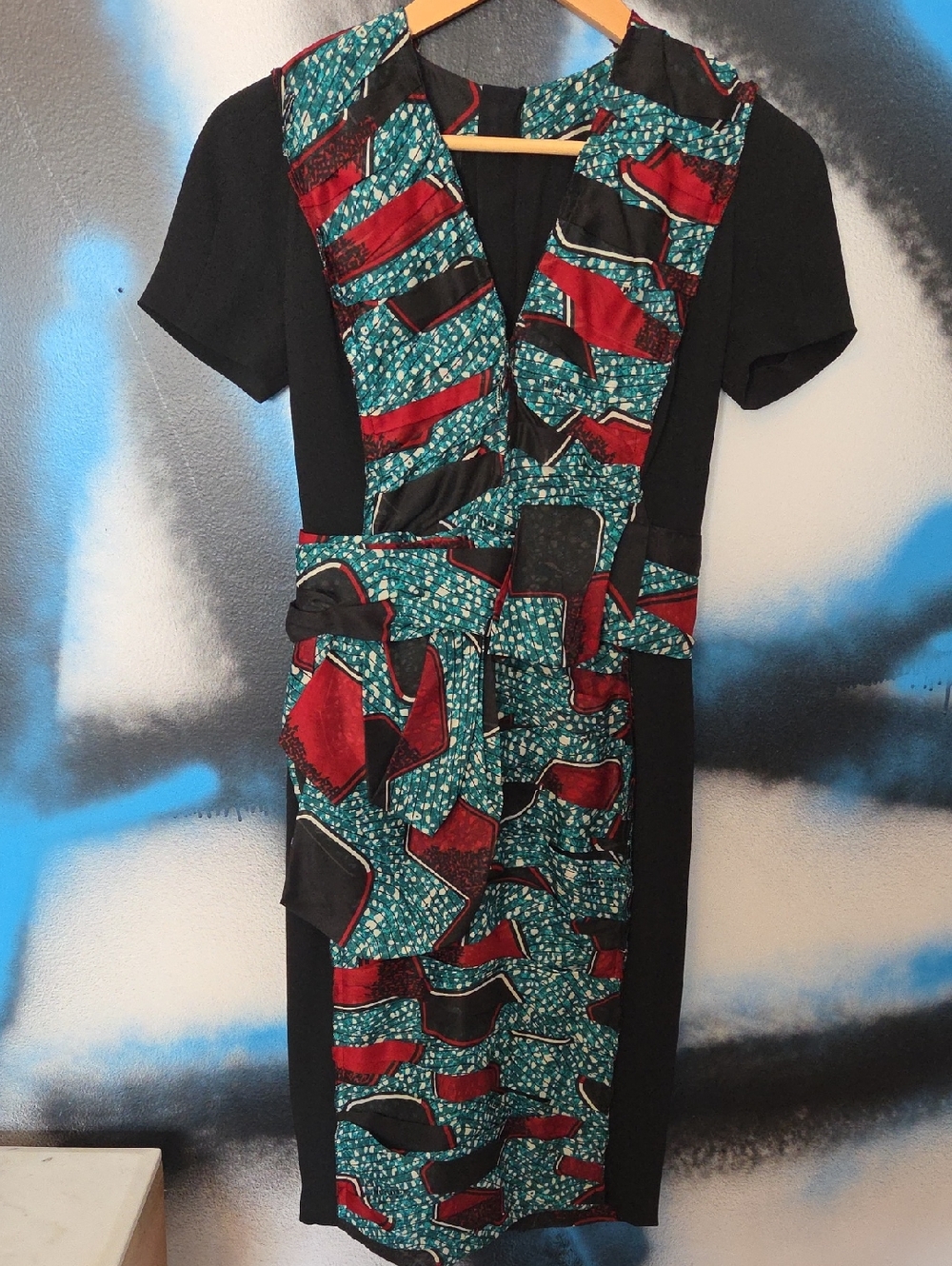 Burberry Silk Short-Sleeve Black/Teal/Red Ruffle Skirt Dress....